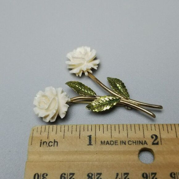 Vintage A & Z 12k Gold Filled White and Green Flower Brooch, Signed, Estate - Picture 5 of 7